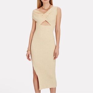 Anna Quan Zanita Wheat Ribbed Knit Twist Cut-Out Midi Dress